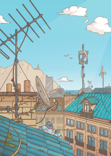 Finished illustration, with vibrant colors and details, such as plant overgrowing on the blue tiles, a mountain in the distance and the sea in the horizon.