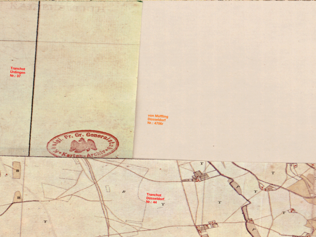 Historische Karte: Düsseldorf-Lohausen, aufgenommen 1801–1828 (Tranchot-Karte). Quelle: Geobasis NRW, Datenlizenz Deutschland Zero 2.0.