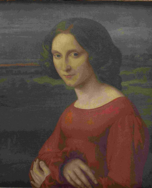 A painting of Fanny Mendelssohn by Carl Begas. She is sitting in front of a nature scene with her arms crossed.