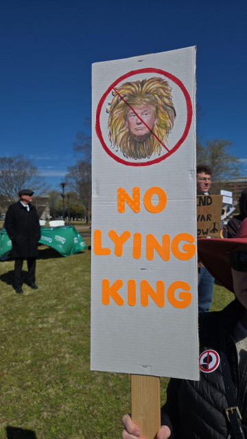 a 'no kings' protester holding a sign that reads, 'no lying kings, beneath a picture of trump as the cowardly lion in a red circle with a line through it.