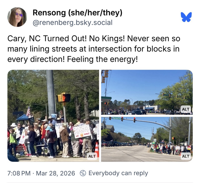 Screenshot of social media post regarding the March 28th, 2026 “No Kings 3.0” protests. From Cary, North Carolina.