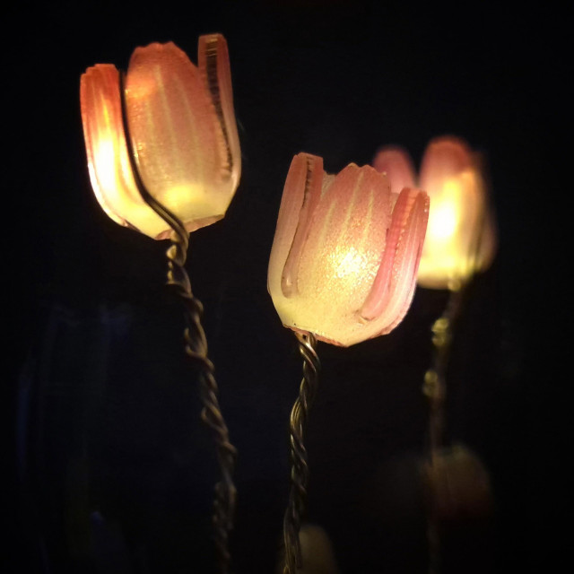 Three LED lights shaped like tulips, with wire stems and small bulbs in the flower heads.