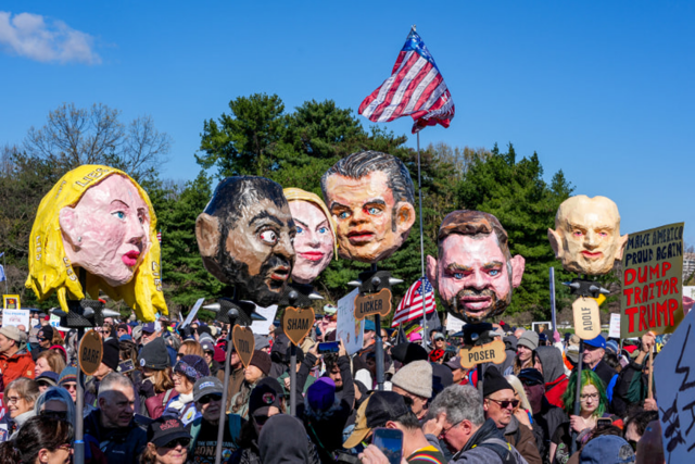 Demonstrators hold effigies of Trump administration officials during the "No Kings" national day of protest in Washington, D.C., on Saturday.

Credit: Ken Cedeno / AFP via Getty Images
