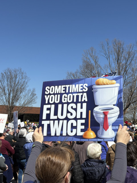 Protest sign seen at No Kings 3/28/26: Sometimes you gotta flush twice!
