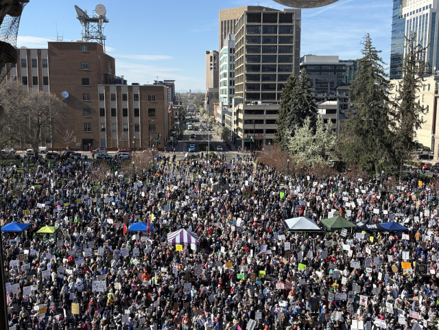 A large crowd gathers. 