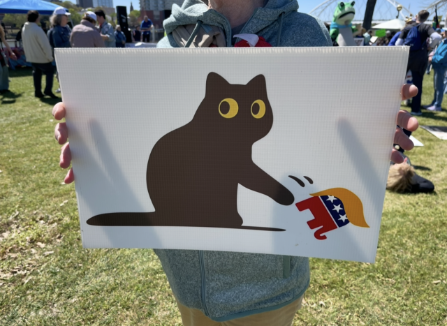 A protest sign with a black cat with yellow eyes looking at you. One paw is outstretched, having clearly just knocked off the table a GOP elephant with orange toupee. The cat is not apologetic. 