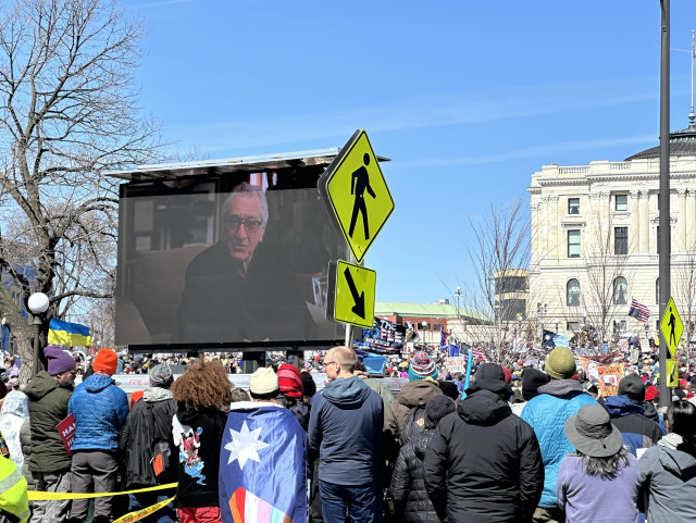 Robert De Niro speaks (via recording) at the Saint Paul No Kings protest.