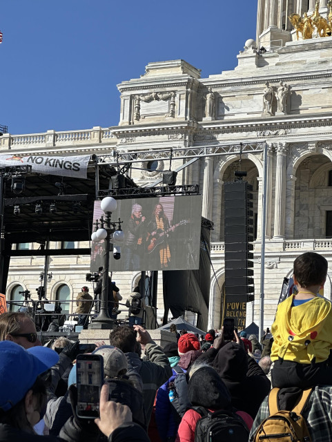 Joan Baez performs at the Saint Paul No Kings protest.