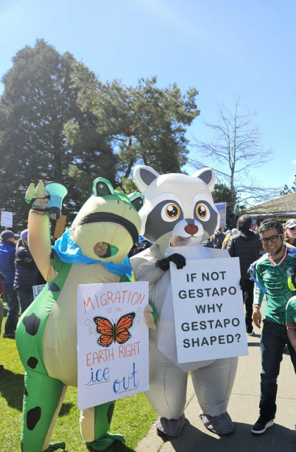 A protestor in an inflatable frog costume with a sign reading “Migration is an earth right ice out”

And beside them, another protestor in an inflatable raccoon costume with a sign reading “If not gestapo why gestapo shaped?” 😅😅😅