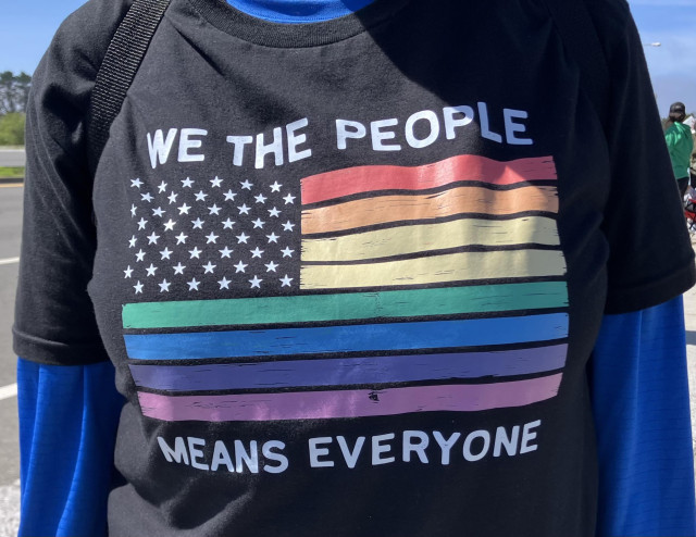 A black T-shirt with an image that looks like the US flag, except there are only eight stripes and they are in rainbow colors. Above the flag it says "We the people" and below the flag it says "means everyone."