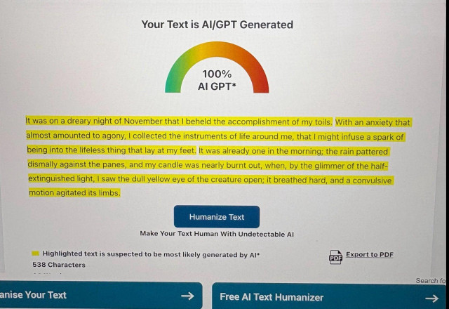 Screenshot of an AI detection tool labeling a passage from Mary Shelley’s Frankenstein as “100% AI/GPT generated,” with the text highlighted in yellow and a “Humanize Text” button below, illustrating a false positive in AI detection.