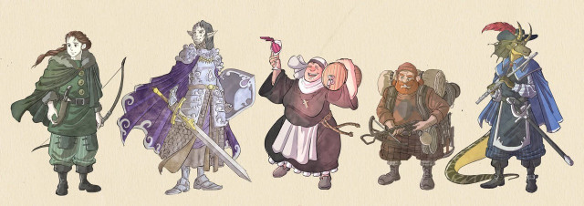 A lineup of 5 dnd characters. A young human female rogue in a green travellers cloak. A tall half elf  female paladin in an ornate armour with a burnt face. A Jolly middle age female cleric in an ornate nuns habit hold a keg of wine. A happy male dwarf ranger with an overfilled backpack, and a copper dragonborn bard in 17th century french inspired uniform and a plumed hat and a flute. 