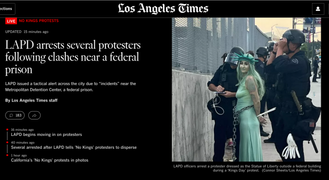 LA  Times coverage of protests, shows a woman dressed up like the Statue of Liberty tied with zip ties and an officer writing something down