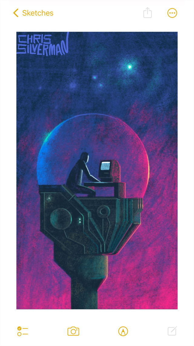 A person sits in a glass bubble on top of a gunmetal-green tower. The tower is complex and futuristic,  with various wires and details. The sky behind the tower is pink towards the horizon, fading to a dark blue. The bubble reflects both the pink light towards the horizon and a bluish light from above. There are a few glowing white lights in the sky that don't look like stars. The person is sitting at a desk in the bubble, working at a small retro Macintosh computer. They are illuminated by the white glow of the screen. The painting is signed "Chris Silverman".