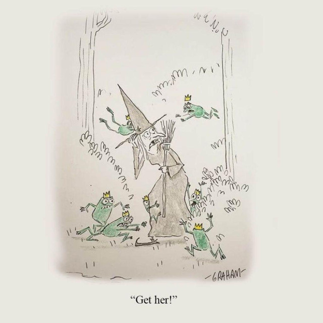 A cartoon illustration of a witch being attacked by multiple yelling frogs wearing prince crowns. Caption reads "Get her!"