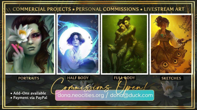 Commission banner with samples and contact info.