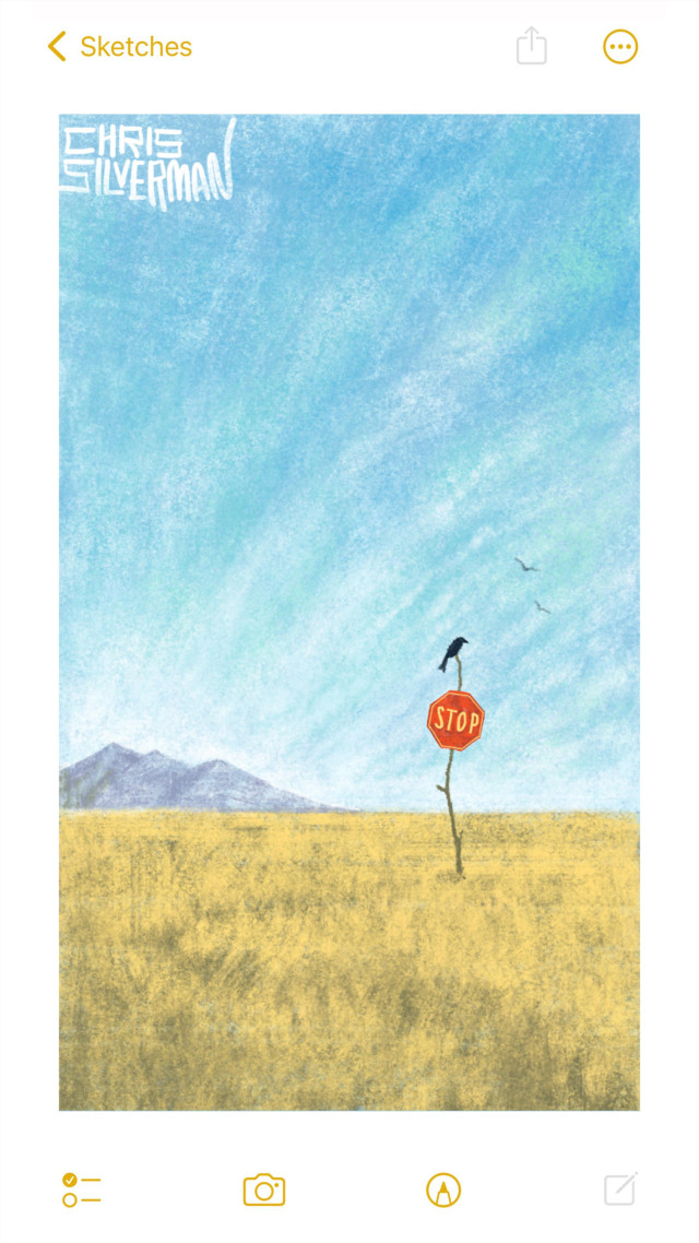 A vast, yellow grassland under a mostly clear blue sky. In the distance is a purple mountain. Long stands of wispy white clouds reach across the sky. In the middle of the grassland is a crooked pole with a red stop sign fixed to it, even though there is no road other than a vague path leading to the sign. A black bird is perched on the pole, with a few other birds high in the sky. The painting is signed "Chris Silverman".