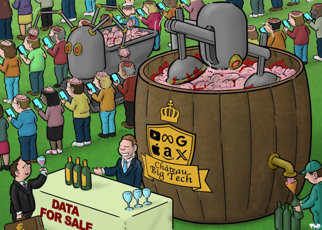 Cartoon showing a vineyard. Instead of vines, there are rows of people standing looking at their smartphones. A robot is harvesting their brains, picking them out of their skulls and dropping them into a cargo bed. Another robot is stamping all the brains into a fine mush in a giant wooden barrel. The barrel has a logo of a golden shield with a crown above it, with the logos of Meta, X, Amazon, YouTube and Google on it, and the text ‘Château Big Tech'. A worker is filling bottles from a tap at the bottom of the barrel. Another man, resembling Mark Zuckerberg, is standing a a table with bottles and glasses on it. The white cloth draped across the table has the text 'Data for sale'. A costumer is sampling a glass. 