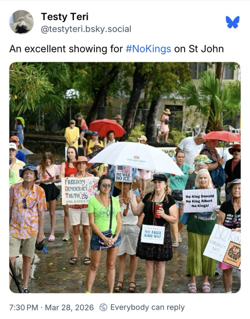Screenshot of social media post regarding the March 28th, 2026 “No Kings 3.0” protests. From Saint John, U.S Virgin Islands.