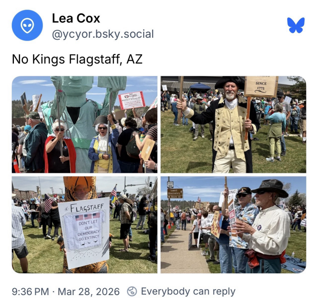 Screenshot of social media post regarding the March 28th, 2026 “No Kings 3.0” protests. From Flagstaff, Arizona.