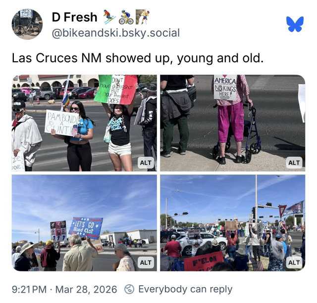 Screenshot of social media post regarding the March 28th, 2026 “No Kings 3.0” protests. From Las Cruces, New Mexico.