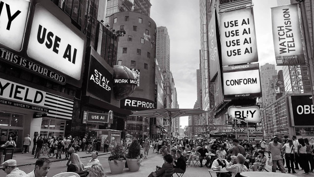 Outdoor billboards scene from the movie They Live, but several of the ads say USE AI