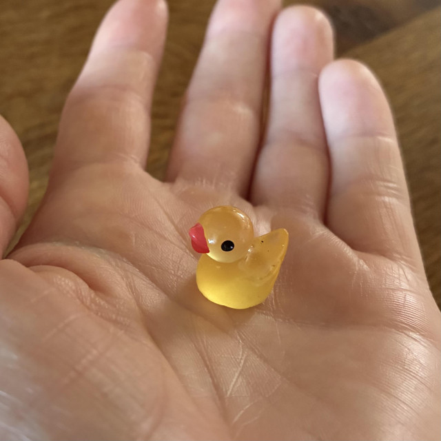 A photo of a pink hand cradling a tiny plastic duck. The duck is a shiny translucent yellow with beady black eyes and a red bill. They were found lying on a pavement. Discarded, or more likely lost, they are now safe.