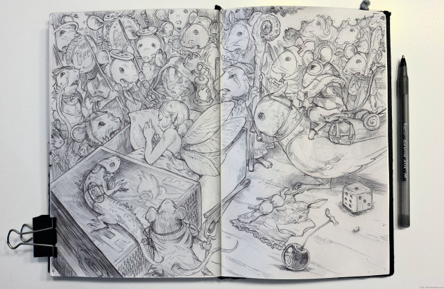 A photo detailed ballpoint pen drawing in a sketchbook depicting a sleeping fairy on a matchbox, surrounded by an assembled army of mice. The fairy lies peacefully under a blanket with her wings visible, her discarded clothes on the floor beside the matchbox. A cherry sits nearby, remnants of her dinner. Around her, an intricate mouse civilization has gathered: a shaman mouse observes her intently, soldier mice display varied reactions of fear and uncertainty, a female priest mouse stands with her servants gesturing to others as if announcing a prophecy. Additional details include a soldier mouse with a lizard familiar wearing a belt and carrying gears, and another mouse mounted atop a small passerine bird. The composition is densely detailed with numerous characters and interactions filling the space around the central sleeping figure, all rendered in black ballpoint pen with no preliminary sketch.