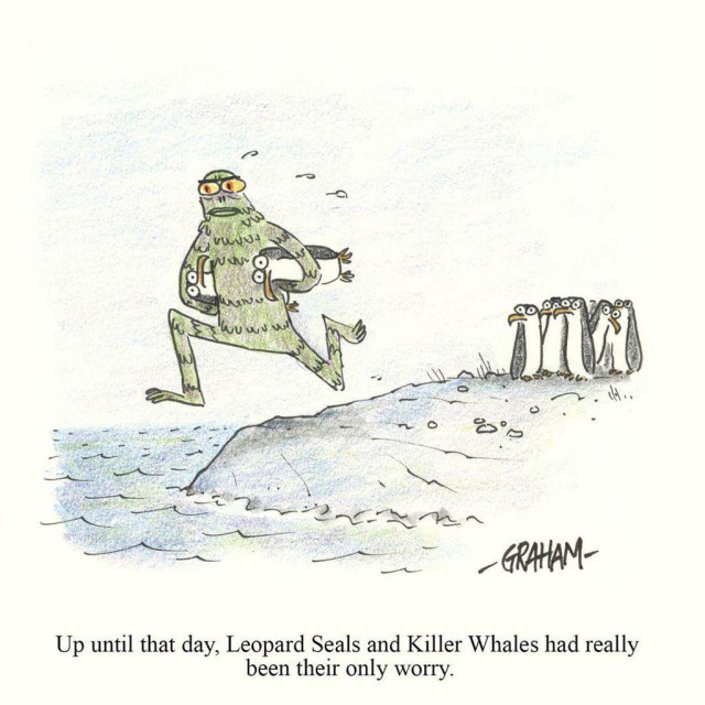 A cartoon illustration of a running gill man grabbing two penguins as the rest of the flock watches in the background. Caption reads "Up until that day, Leopard Seals and Killer Whales had really been their only worry."