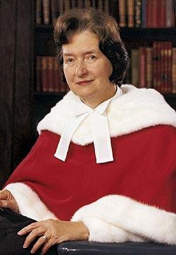 Bertha Wilson in the robes of a Supreme Court Judge in Canada. She is a white woman with dark hair.