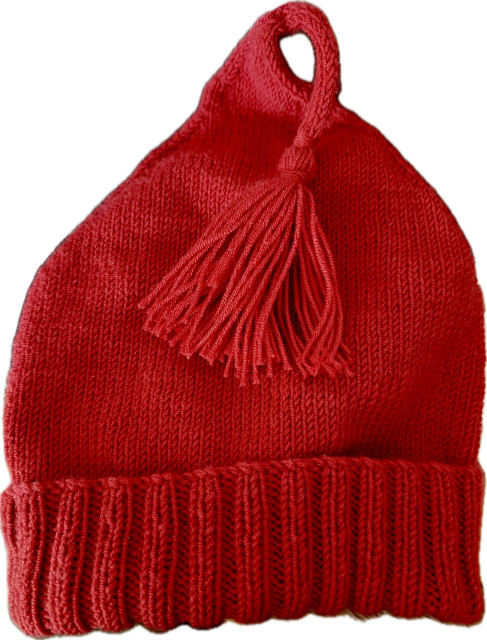 A knit red hat with ribbing at the bottom and a floppy tassel at the top.