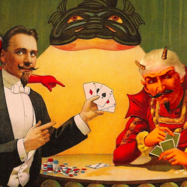 An early 20th C painting advertising a magic show, it features a mustachioed, tuxedoed conjurer beating the Devil at poker with four aces in his hand, as a giggling demon on his shoulder whispers advice in his ear and the Devil looks chagrined. The image has been altered: the Devil now has Trump hair and orange skin. The demon perched on the magician's shoulder has the face of Adam Smith.