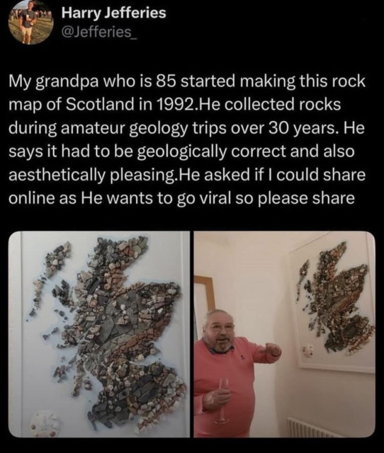 Screenshot of first 2 of 3 photos. The background is black with white text. The older man had made wall art, framed, of a 3D collage as the geologically correct map of Scotland. It’s all stones he found and added to the map so the stones are found right where it actually is found in Scotland. Second photo shows the artist/rockhound older man in an orange sweater and pointing at the camera while holding his wine glass, standing next to the large stone map on the wall. 