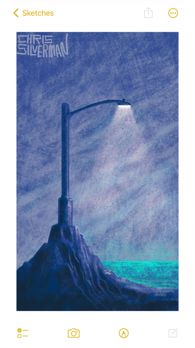 A dark gray cloudy evening, or maybe early morning. On a small rocky hill in front of an ocean stands a streetlight, looking completely out of place. It casts a dim, pinkish light onto the rocky ground around it. There are no other urban structures to be seen. The ocean is vast and a bioluminescent green. The painting is signed "Chris Silverman".
