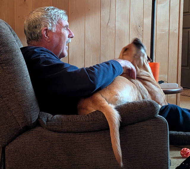 Golden lab is sharing a recliner with an older man. She is lying on his lap with her tail hanging over the arm rest. 