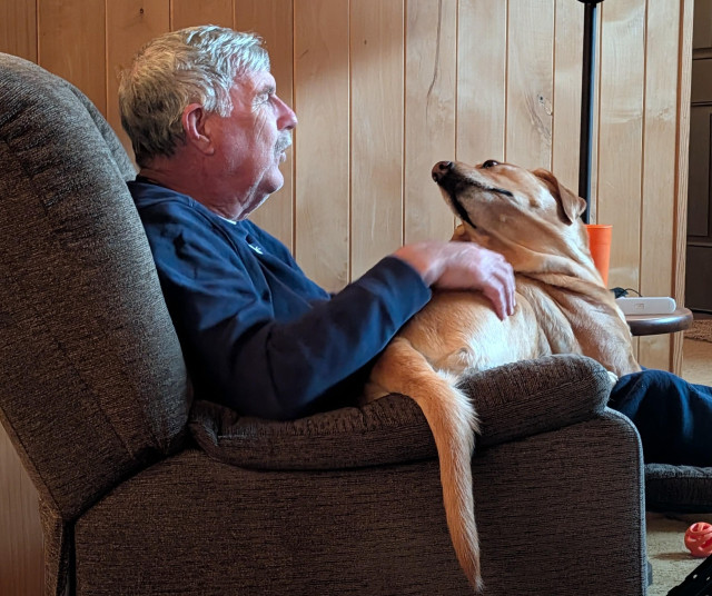 Golden lab is sharing a recliner with an older man. She is lying on his lap with her tail hanging over the arm rest. 