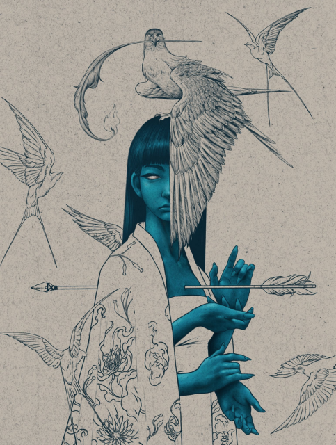 A blue-toned illustration of a woman with long black hair. Her face is partially obscured by the wing of a large bird perched on her head. Several smaller birds fly around her, and an arrow passes through her torso.