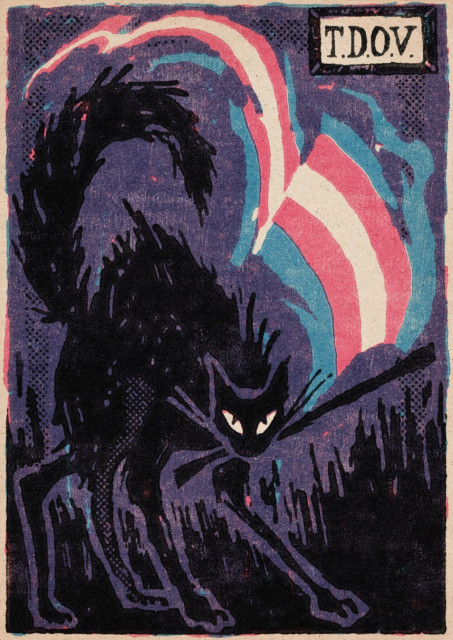 a digital illustration in the style of a relief print depicting a black cat in a defensive pose holding a torn and tattered transgender pride flag in its mouth as it looks directly towards the viewer. the background is purple with some specks of blue and pink showing through, and behind the cat is a black midground resembling grass or flames. the top right corner features a box with a caption reading "T.D.O.V."