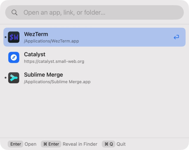 The main TinyStart launcher window showing my most launched apps and links (for the moment, WezTerm, the Catalyst web site, and Sublime Merge).