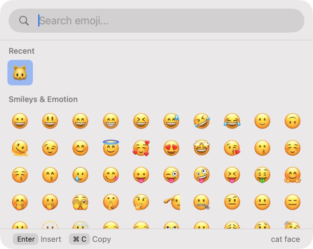 TinyStart’s beautiful emoji picker, with my last used emoji (cat face) in the Recent list, followed by the Smileys & Emotion section.