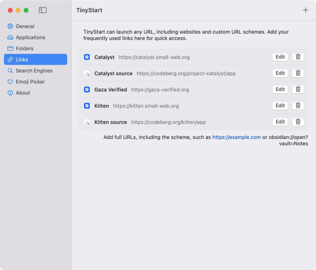 TinyStart’s settings panel, showing the Links section active with links I’ve entered that I want to access quickly (the Kitten and Catalyst web sites and their source repository pages as well as the Gaza Verified page).