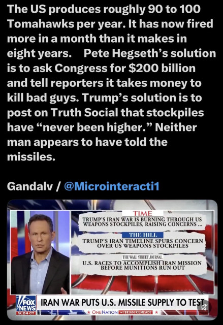 An image from a news segment discussing the U.S. missile supply, focusing on the production and usage of Tomahawk missiles. It features text highlighting concerns over weapons stockpiles related to US military actions and includes commentary from Pete Hegseth: 