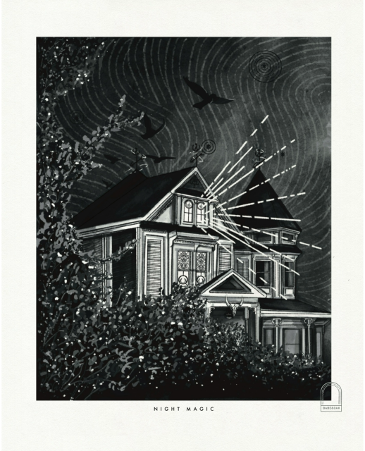 Night Magic - Black and white ink illustration of a magic filled Victorian house with an ominous surrounding.  of a shrub framing the left side and bottom of the page. In the middle is a Victorian revival house with a spire to the right and a porch. Over the porch is a bison skull and the windows are celestial stain glass. The roof is black with cosmic looking weather vanes. 5 Crows are flying overheard from the back to the front of the house and the sky is The sky is textured with swirling pattern of lines and with black dot stars 