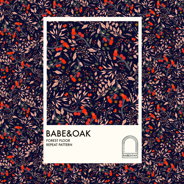 
Swatch card of my Forest Floor Repeat Pattern. Repeat pattern of the greenery crushed into a forest floor. tan leaf branches and grey slate branches with bright red and dark green large berries also small branches of tan leaves with red berries and slate grey branches with tan leaves on a dark navy blue background 