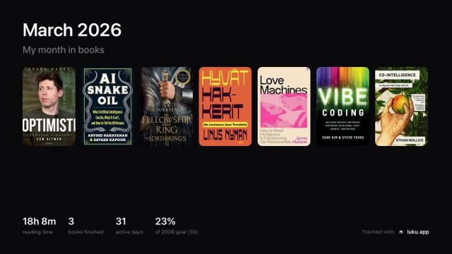 7 books: Optimist, AI Snake Oil, LOTR, Hyvät hakkerit, Love Machines, Vibe Coding, Co-Intelligence