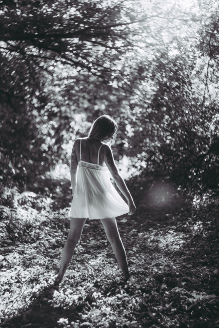 Mujer rubia en el bosque.