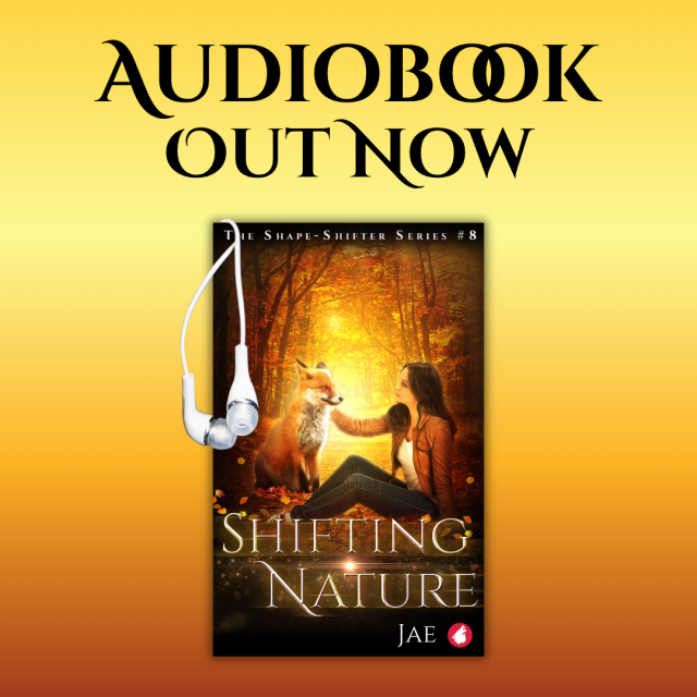 Audiobook out now: Shifting Nature by Jae. The cover of the book depicts a fox and a woman sitting next to each other, with the woman petting the fox. 