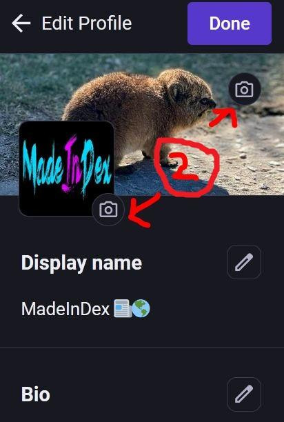 Step 2 "edit profile", a screenshot of the profile @MadeInDex@mastodon.social is used as an example with a red 2 pointing at the profile and banner image buttons.