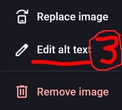 Step 3 "edit alt text" of a visual guide on how to add alt text to the images of a Mastdon profile step by step. A screenshot of the profile @MadeInDex@mastodon.social is used as an example with a red 3 next to the "Edit alt text" button.