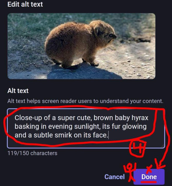 Step 4 "edit alt text and press done", a screenshot of the profile @MadeInDex@mastodon.social is used as an example with a red 4 next to the input field and a red arrow pointing at the done button. Next to the done button is a red cheering stick man with raised arms and above the "Done" is a red X.